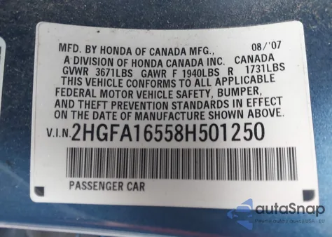 2008 Honda Civic Lx z USA, uszkodzony, nr VIN 2HGFA16558H501250